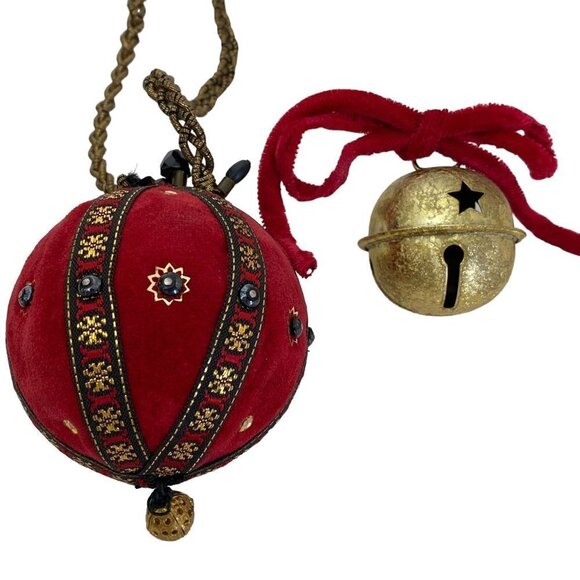 Christmas Ornaments Velvet Ball and Jingle Bell Handcrafted Folk Tyrol Style - Picture 1 of 8